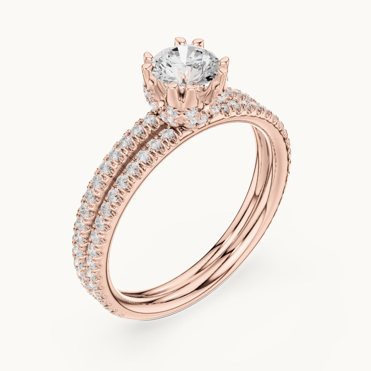 Round lab-grown diamond hidden halo double-row pavé engagement ring in rose gold, 1.27 CT TW, view 2