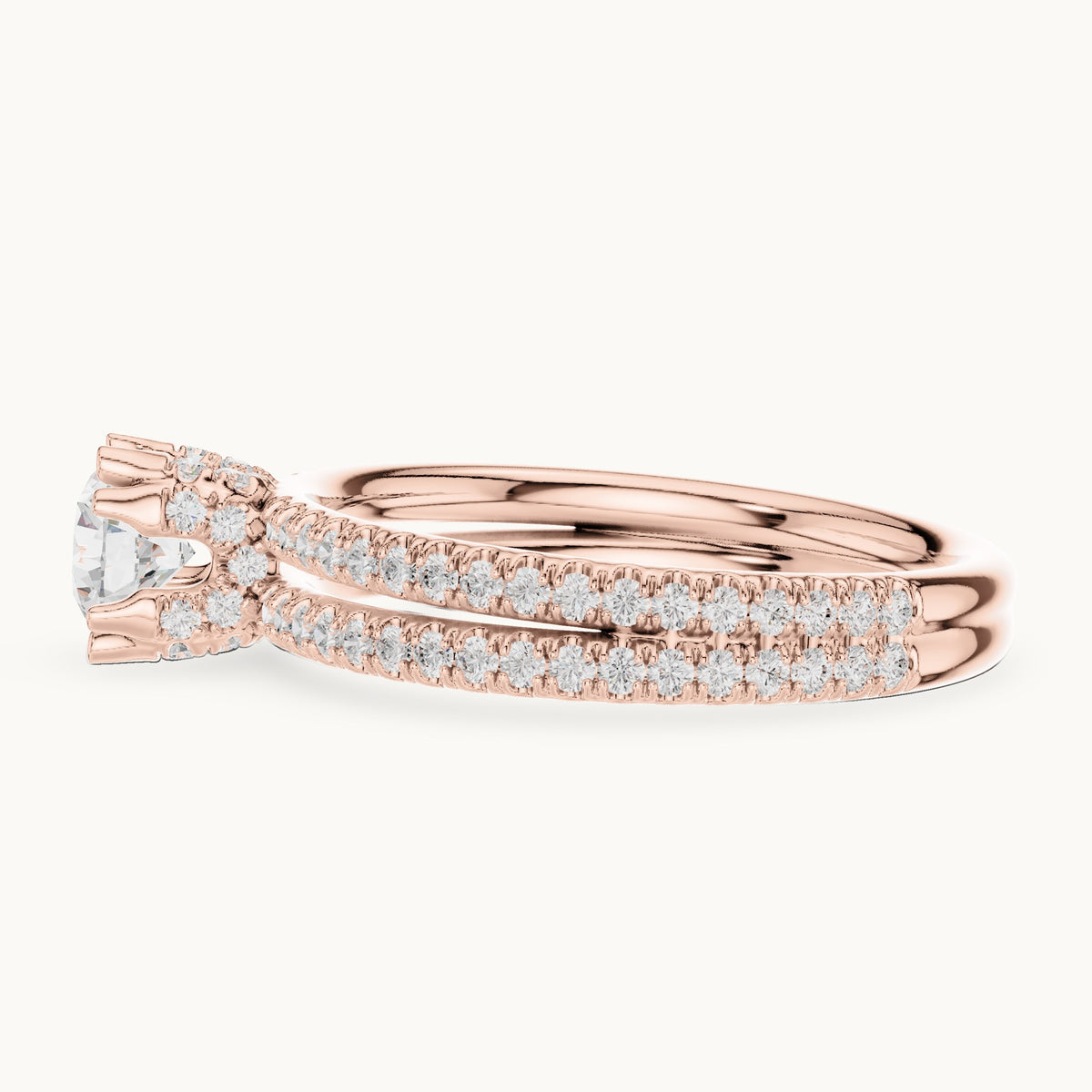 Round lab-grown diamond hidden halo double-row pavé engagement ring in rose gold, 1.27 CT TW, view 3