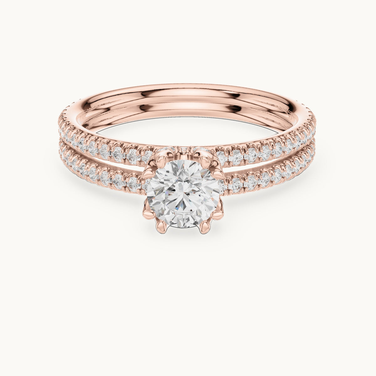 Round lab-grown diamond hidden halo double-row pavé engagement ring in rose gold, 1.27 CT TW, view 4