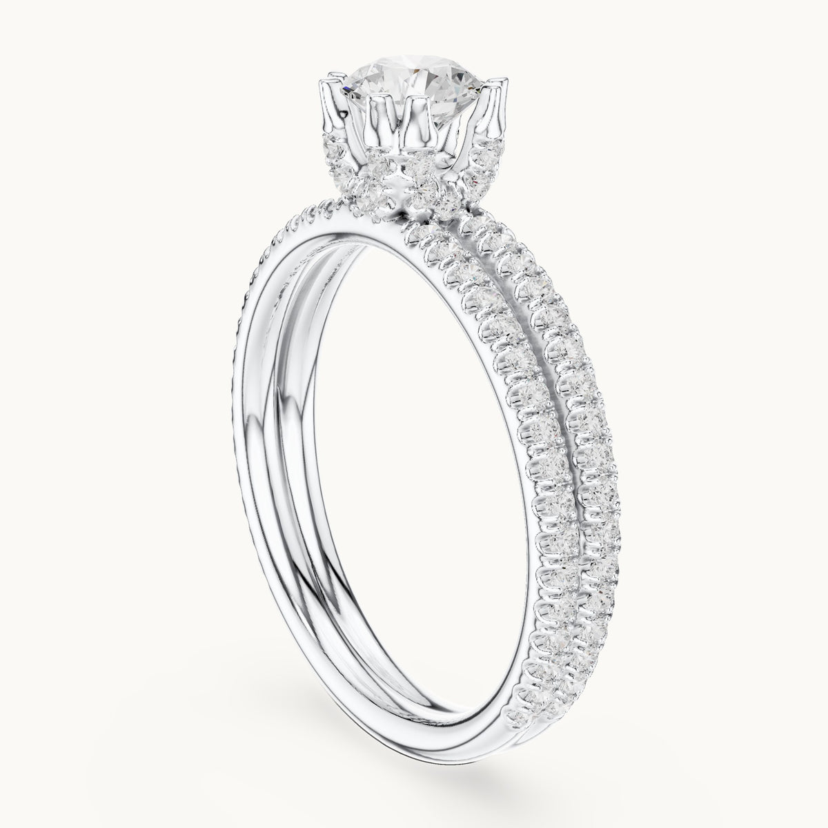 Round lab-grown diamond hidden halo double-row pavé engagement ring in white gold, 1.27 CT TW, view 1
