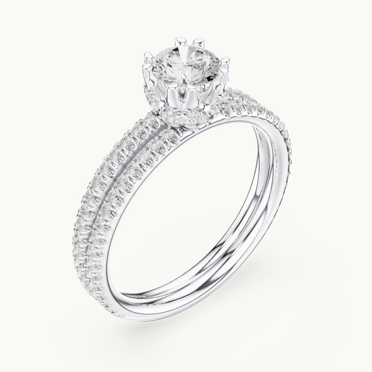 Round lab-grown diamond hidden halo double-row pavé engagement ring in white gold, 1.27 CT TW, view 2