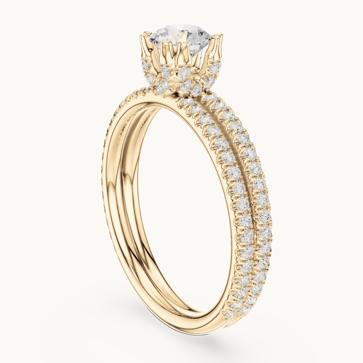 Round lab-grown diamond hidden halo double-row pavé engagement ring in yellow gold, 1.27 CT TW, view 1