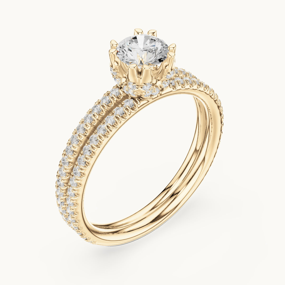 Round lab-grown diamond hidden halo double-row pavé engagement ring in yellow gold, 1.27 CT TW, view 2