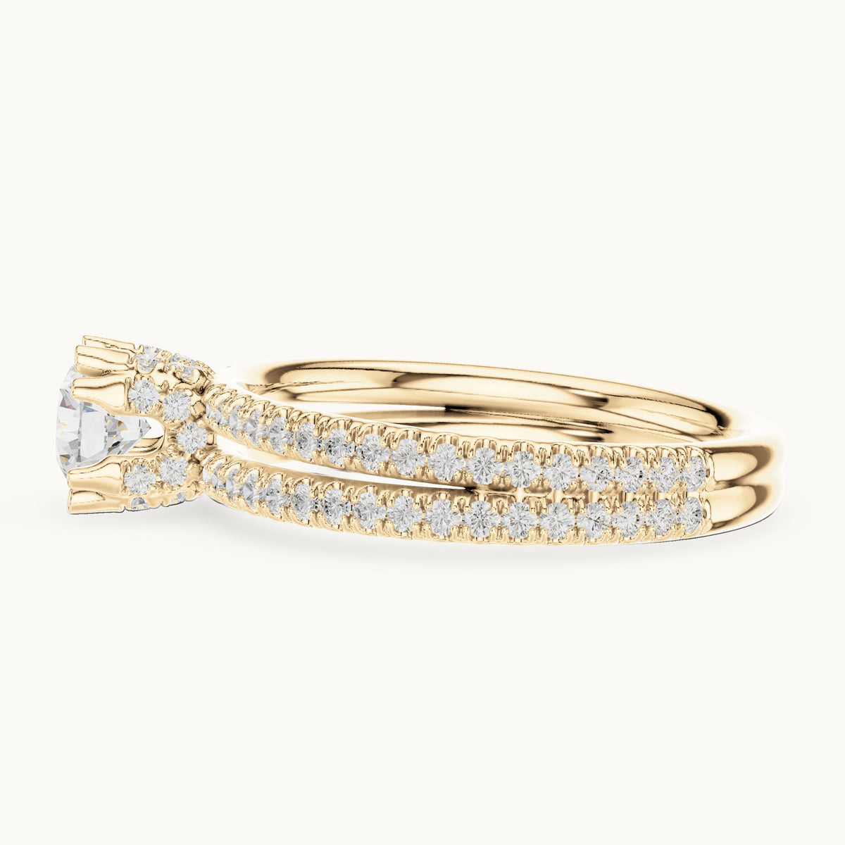 Round lab-grown diamond hidden halo double-row pavé engagement ring in yellow gold, 1.27 CT TW, view 3