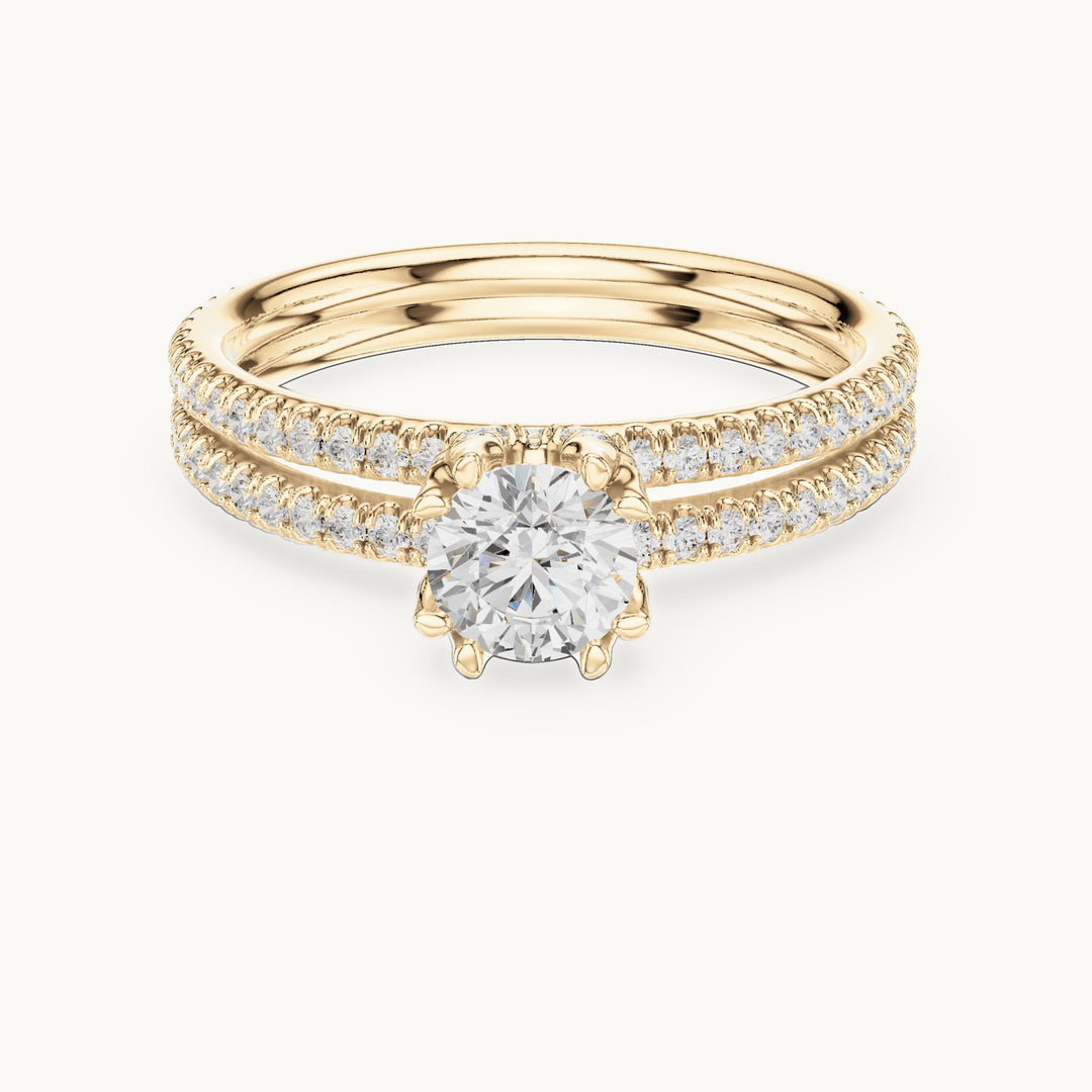 Round lab-grown diamond hidden halo double-row pavé engagement ring in yellow gold, 1.27 CT TW, view 4