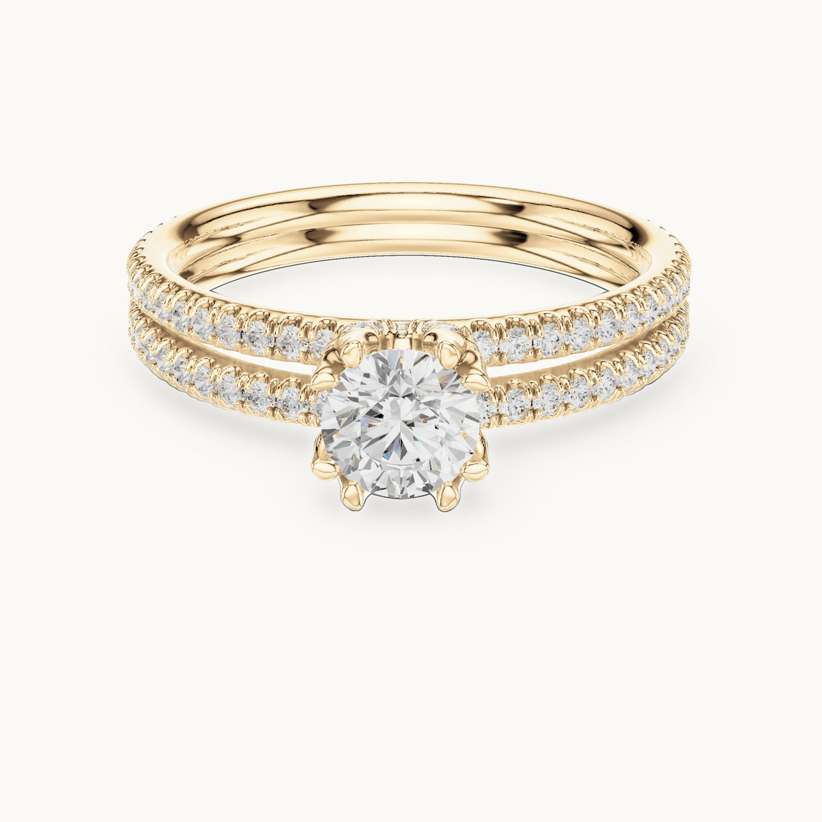 Round lab-grown diamond hidden halo double-row pavé engagement ring in yellow gold, 1.27 CT TW, view 4