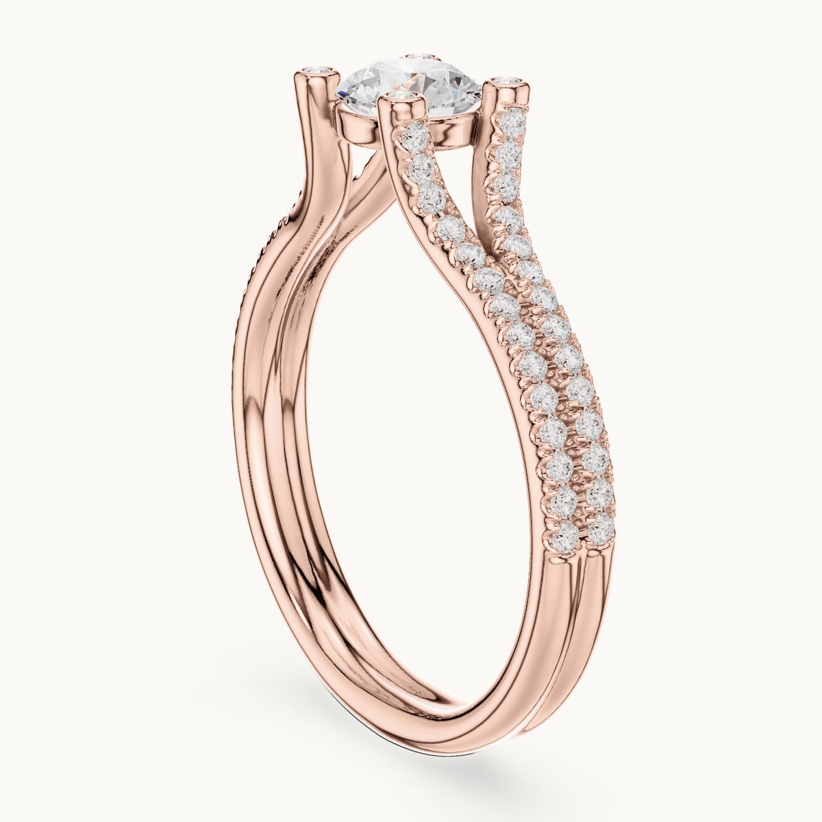 Round lab-grown diamond split shank engagement ring with bezel accents in rose gold, 0.99 CT TW, view 1