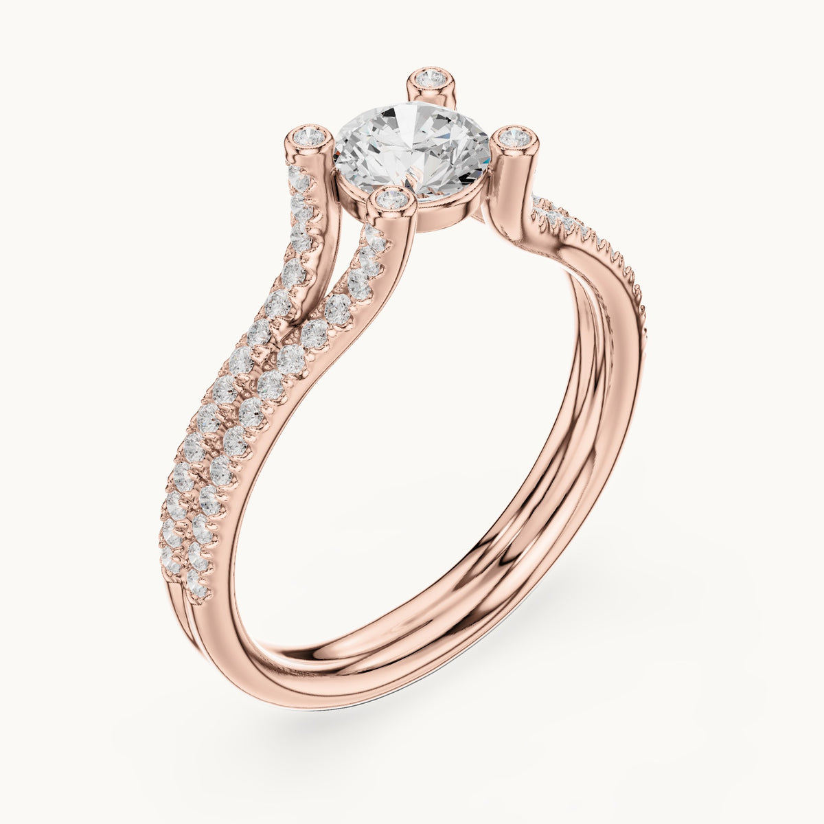 Round lab-grown diamond split shank engagement ring with bezel accents in rose gold, 0.99 CT TW, view 2