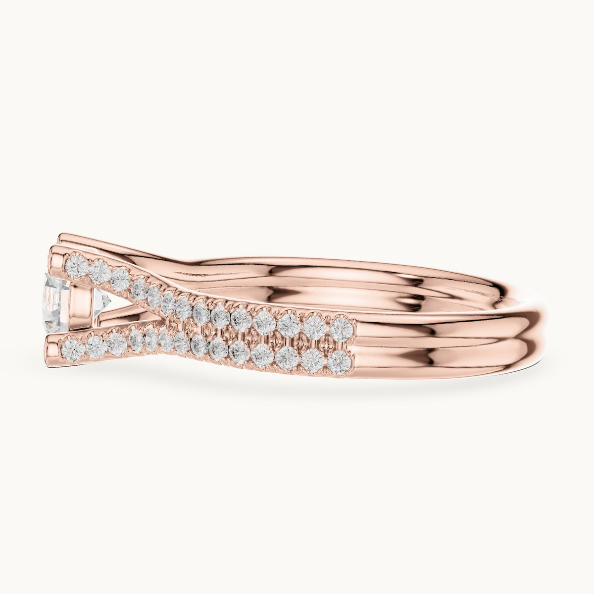 Round lab-grown diamond split shank engagement ring with bezel accents in rose gold, 0.99 CT TW, view 3