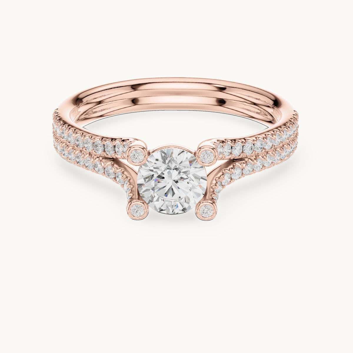 Round lab-grown diamond split shank engagement ring with bezel accents in rose gold, 0.99 CT TW, view 4