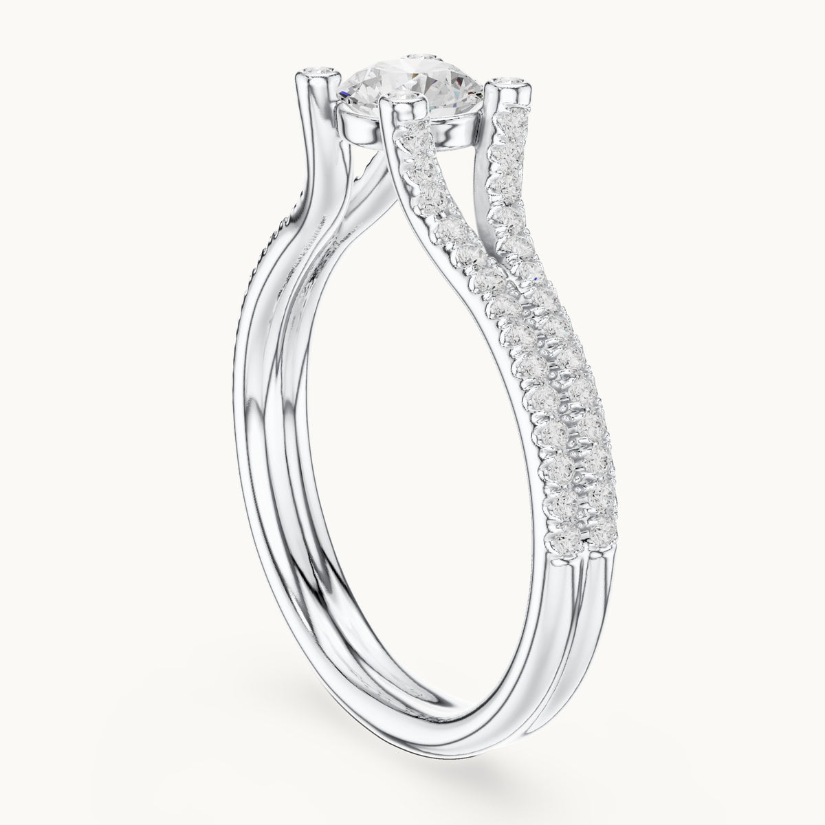 Round lab-grown diamond split shank engagement ring with bezel accents in white gold, 0.99 CT TW, view 1