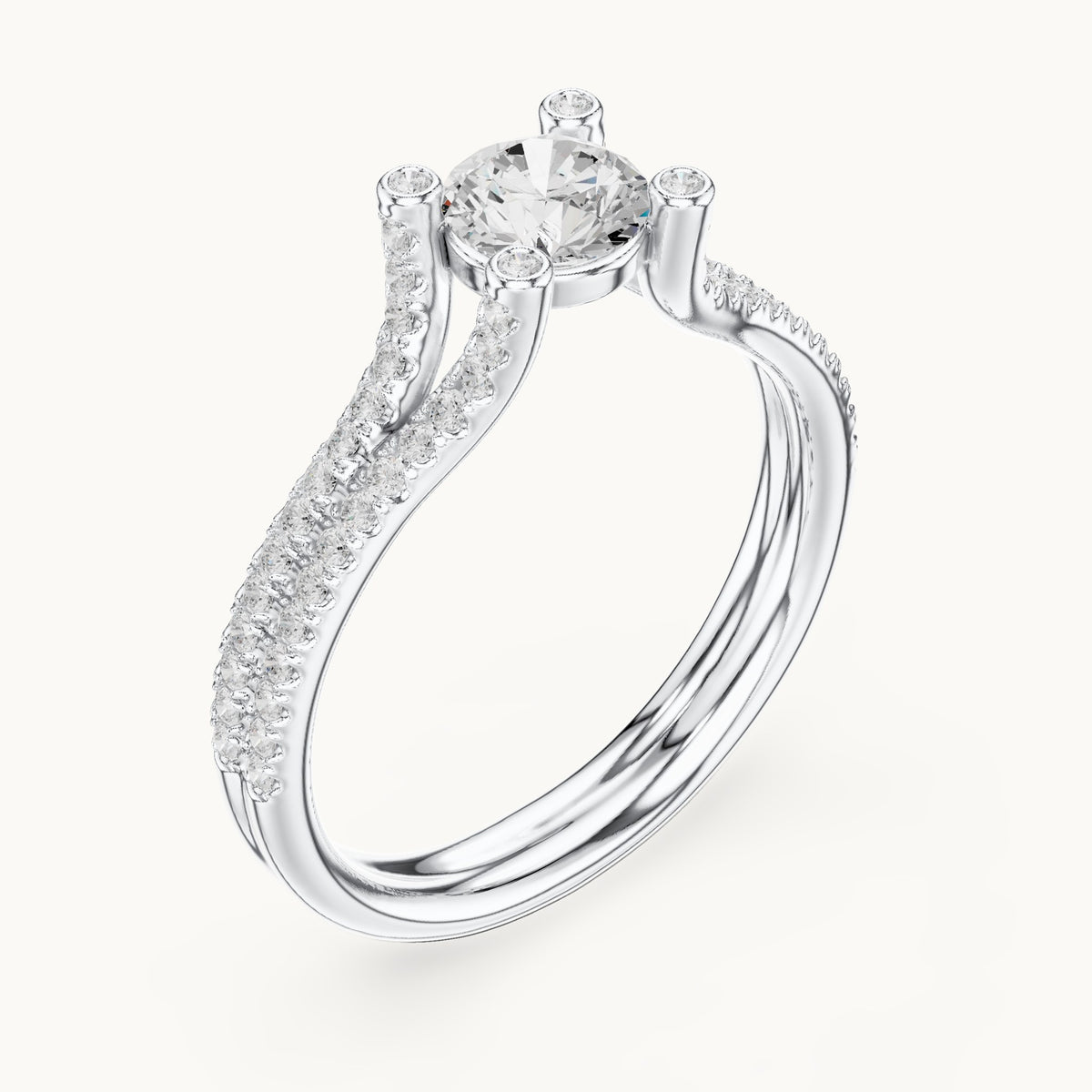 Round lab-grown diamond split shank engagement ring with bezel accents in white gold, 0.99 CT TW, view 2