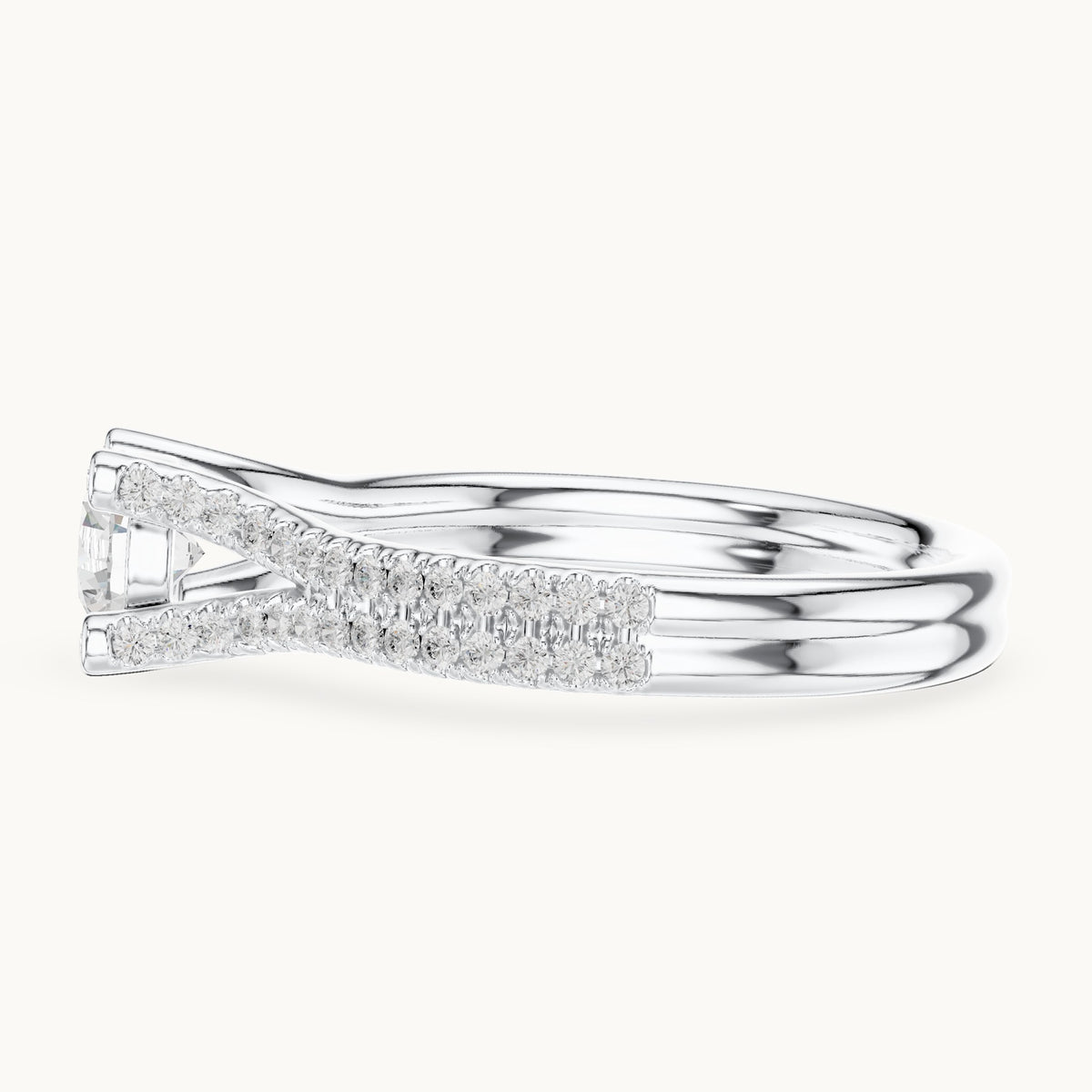 Round lab-grown diamond split shank engagement ring with bezel accents in white gold, 0.99 CT TW, view 3