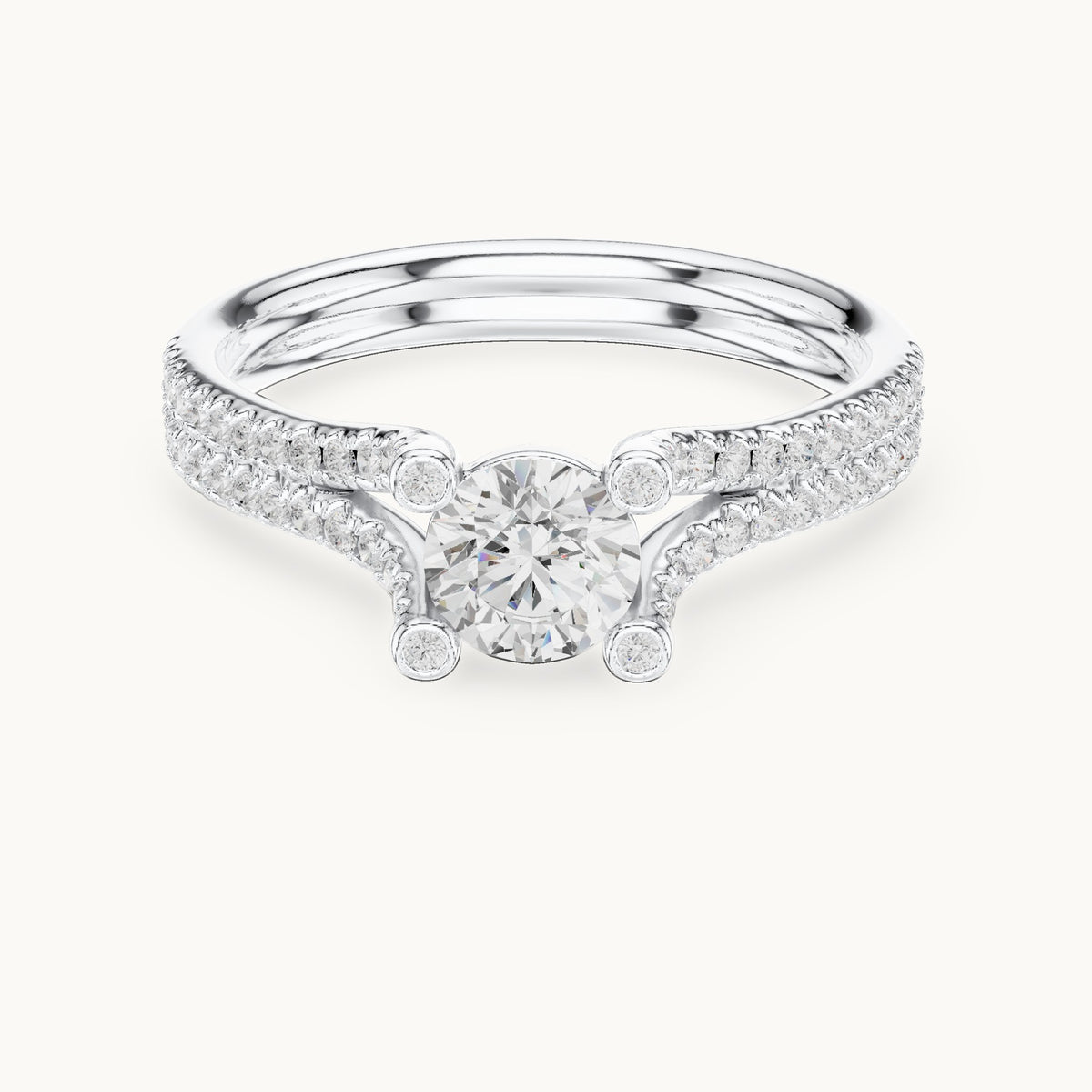 Round lab-grown diamond split shank engagement ring with bezel accents in white gold, 0.99 CT TW, view 4