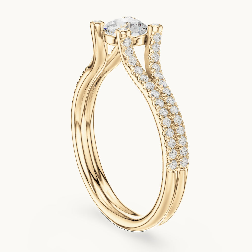 Round lab-grown diamond split shank engagement ring with bezel accents in yellow gold, 0.99 CT TW, view 1