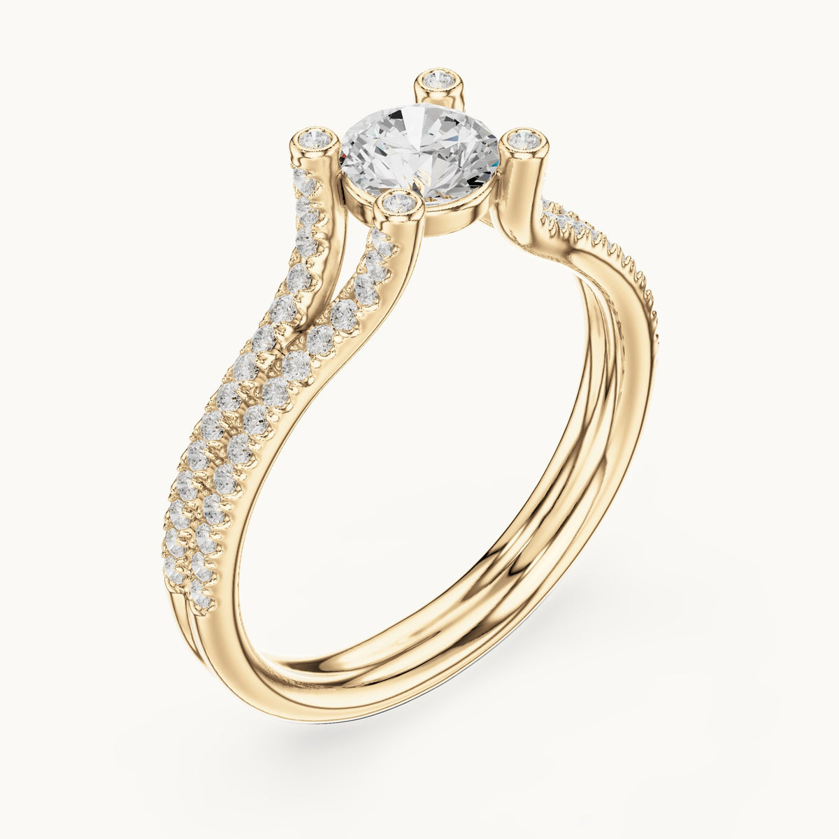 Round lab-grown diamond split shank engagement ring with bezel accents in yellow gold, 0.99 CT TW, view 2