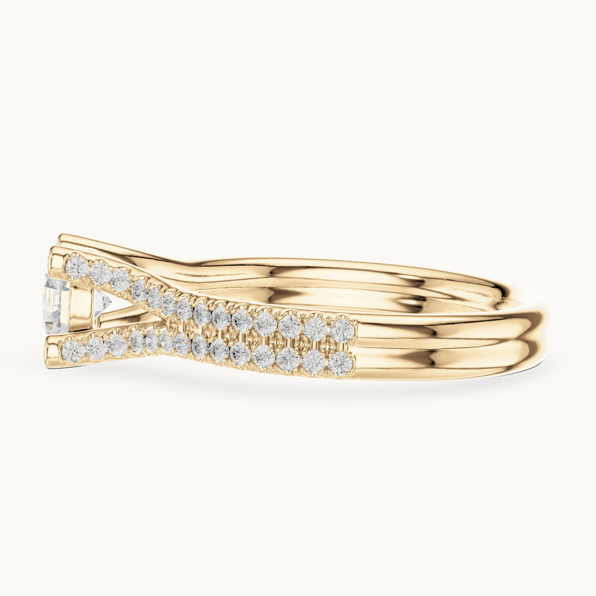 Round lab-grown diamond split shank engagement ring with bezel accents in yellow gold, 0.99 CT TW, view 3