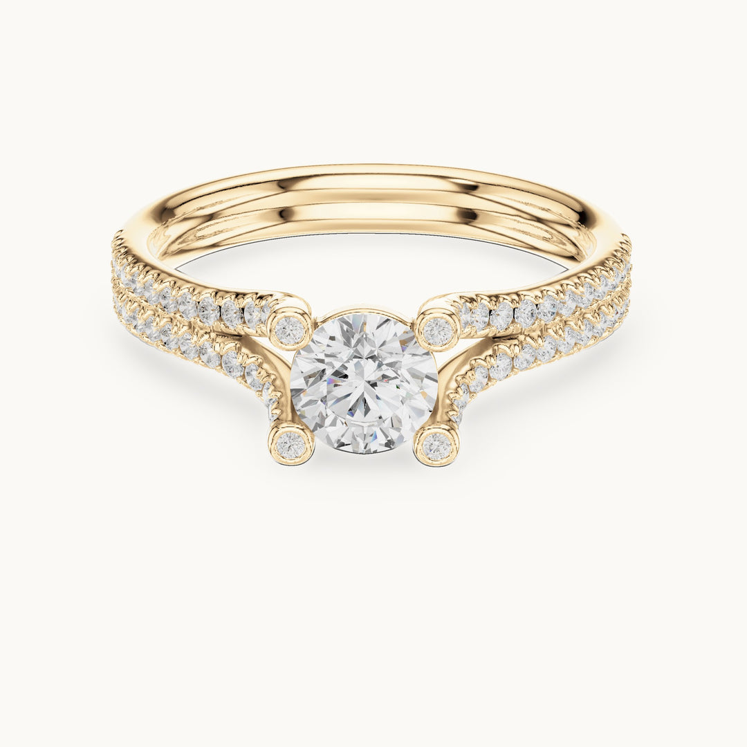 Round lab-grown diamond split shank engagement ring with bezel accents in yellow gold, 0.99 CT TW, view 4