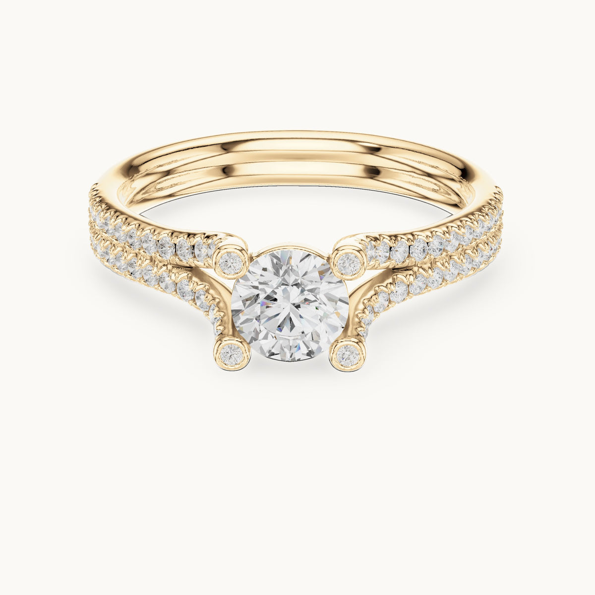 Round lab-grown diamond split shank engagement ring with bezel accents in yellow gold, 0.99 CT TW, view 4