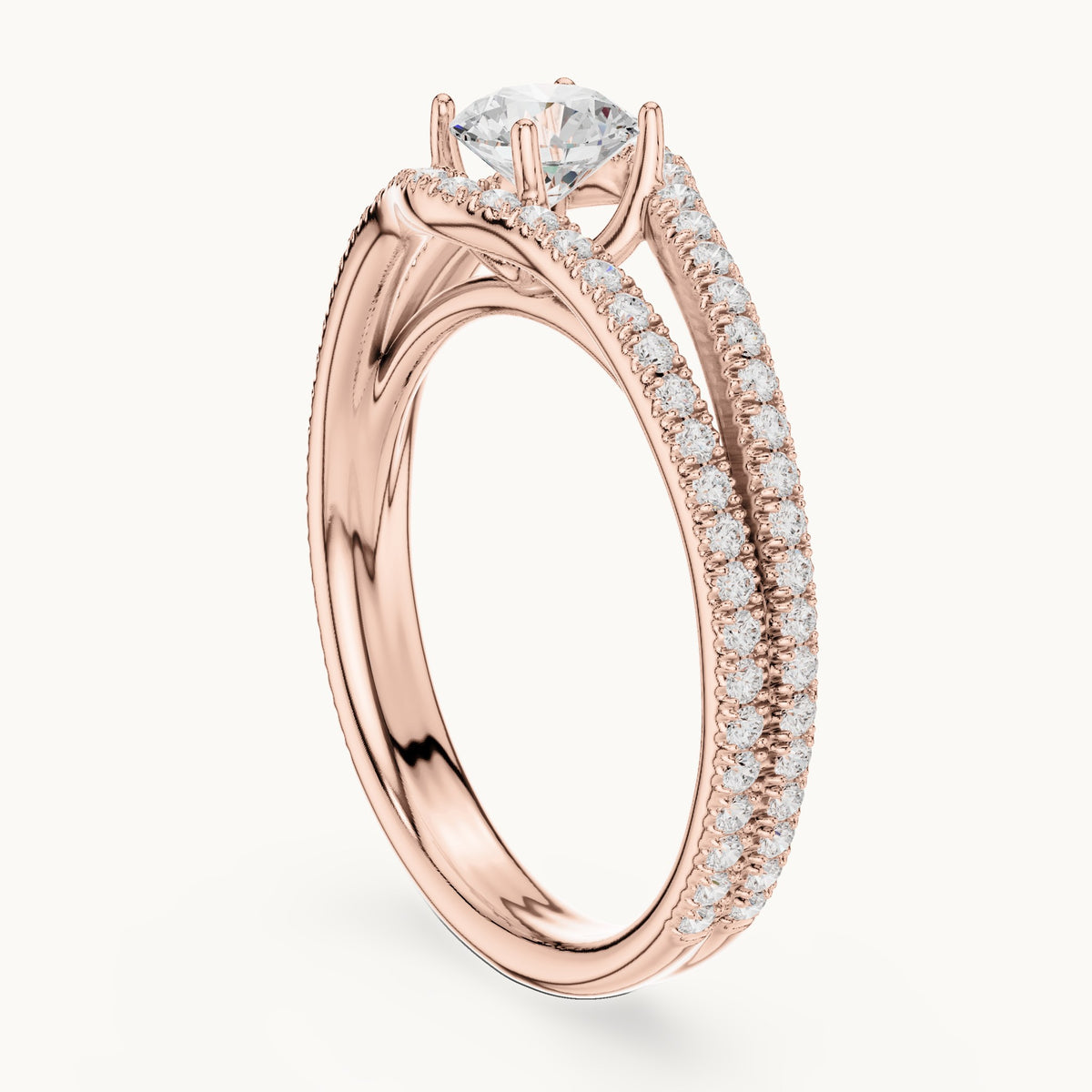 Round lab-grown diamond split shank pavé engagement ring in rose gold, 1.25 CT TW, view 1