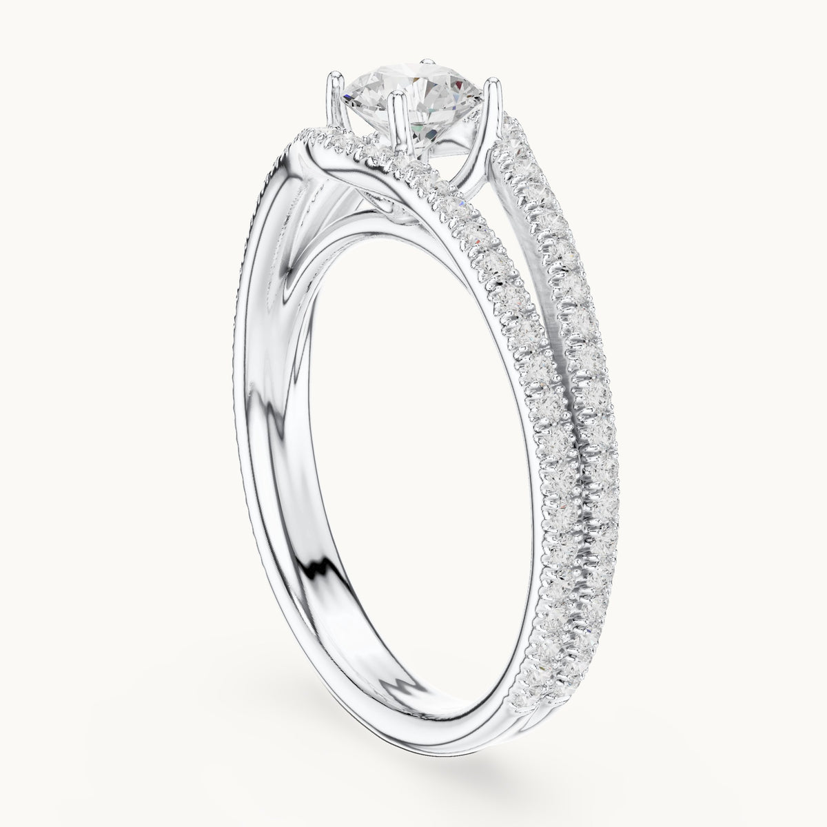 Round lab-grown diamond split shank pavé engagement ring in white gold, 1.25 CT TW, view 1