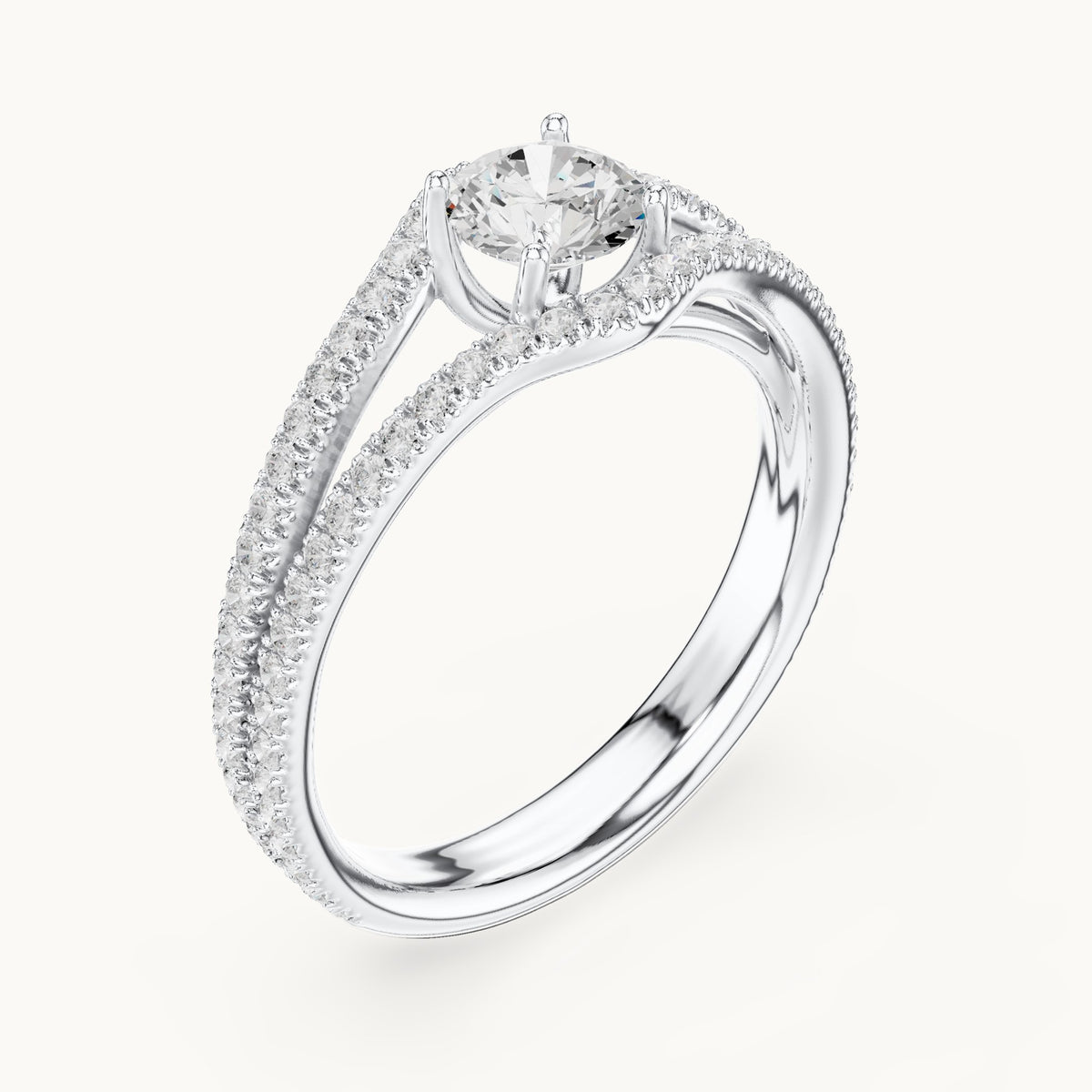 Round lab-grown diamond split shank pavé engagement ring in white gold, 1.25 CT TW, view 2