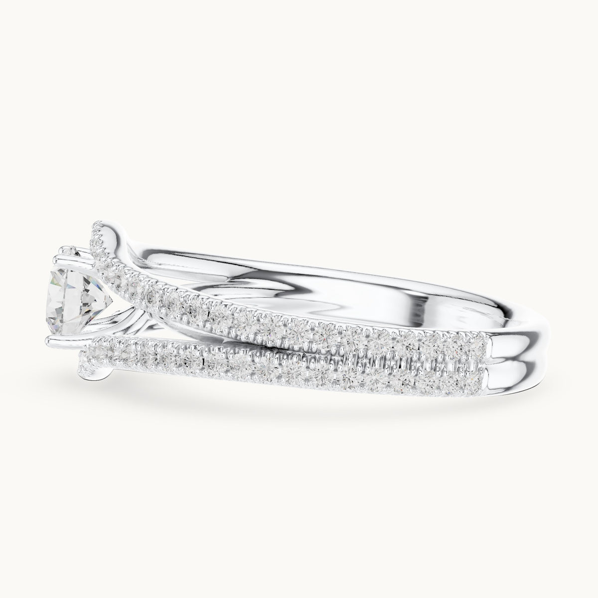 Round lab-grown diamond split shank pavé engagement ring in white gold, 1.25 CT TW, view 3