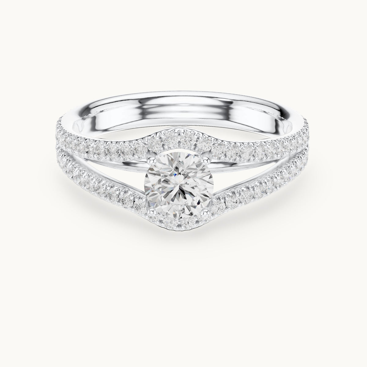 Round lab-grown diamond split shank pavé engagement ring in white gold, 1.25 CT TW, view 4