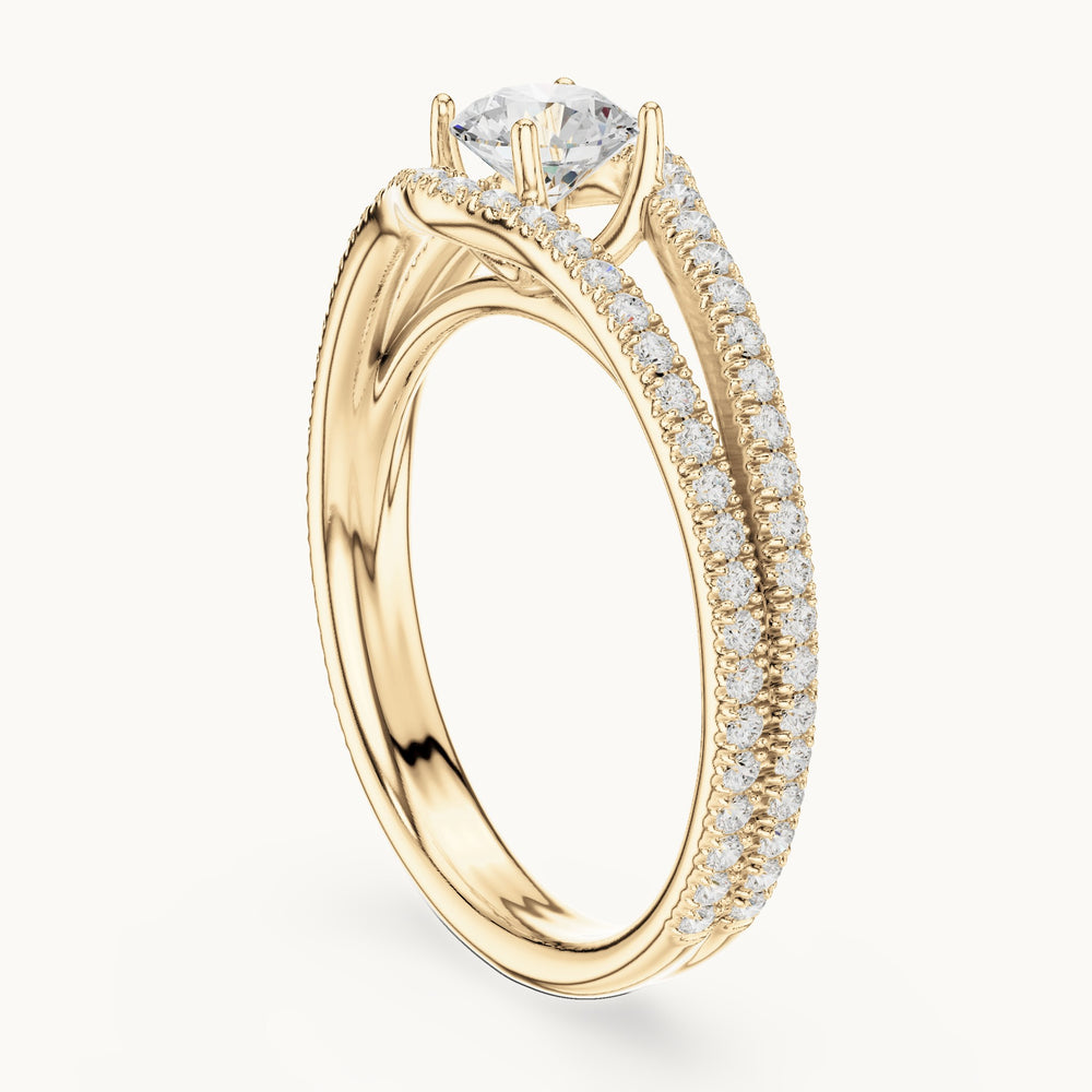 Round lab-grown diamond split shank pavé engagement ring in yellow gold, 1.25 CT TW, view 1