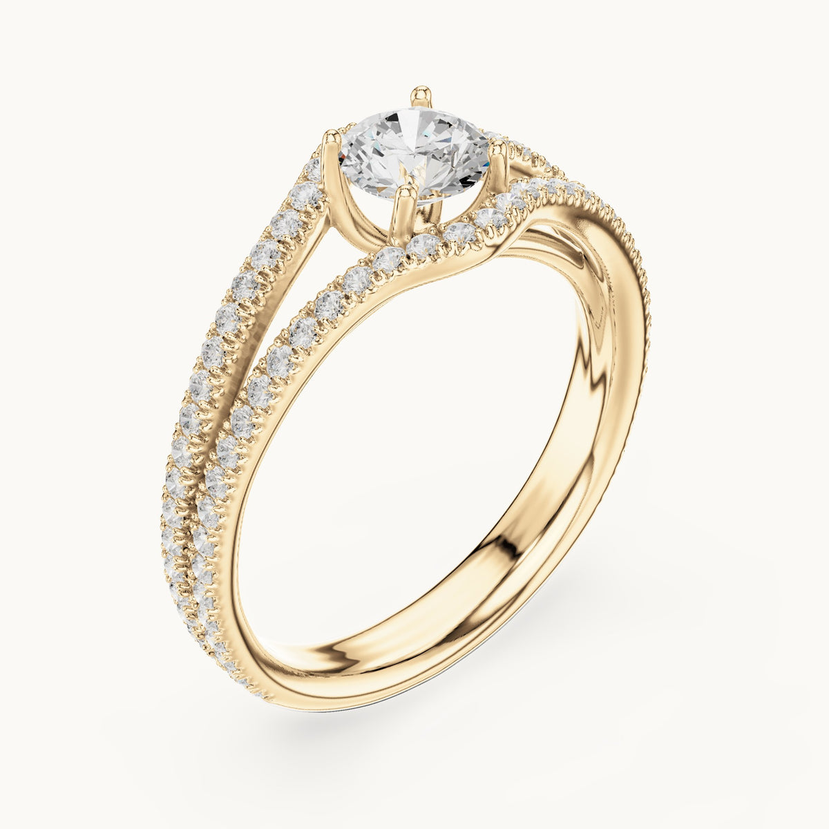 Round lab-grown diamond split shank pavé engagement ring in yellow gold, 1.25 CT TW, view 2