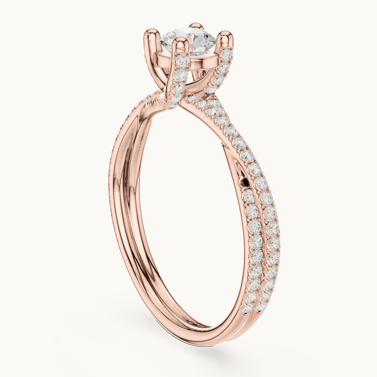 Round lab-grown diamond twisted pavé solitaire engagement ring in rose gold, 0.888 CT TW, view 1