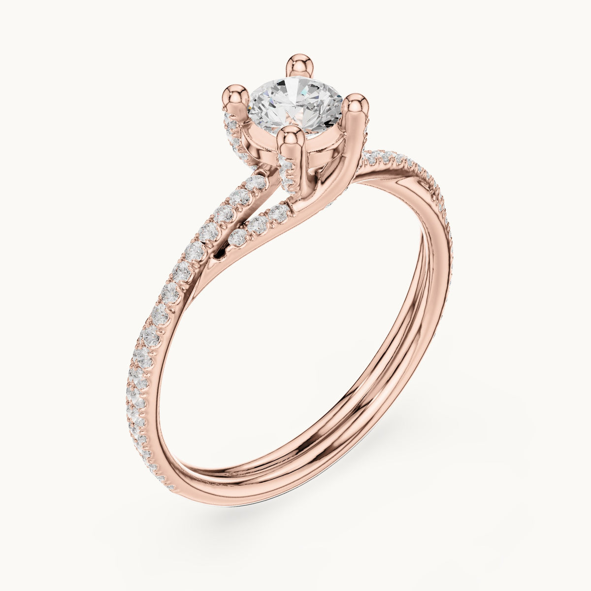 Round lab-grown diamond twisted pavé solitaire engagement ring in rose gold, 0.888 CT TW, view 2