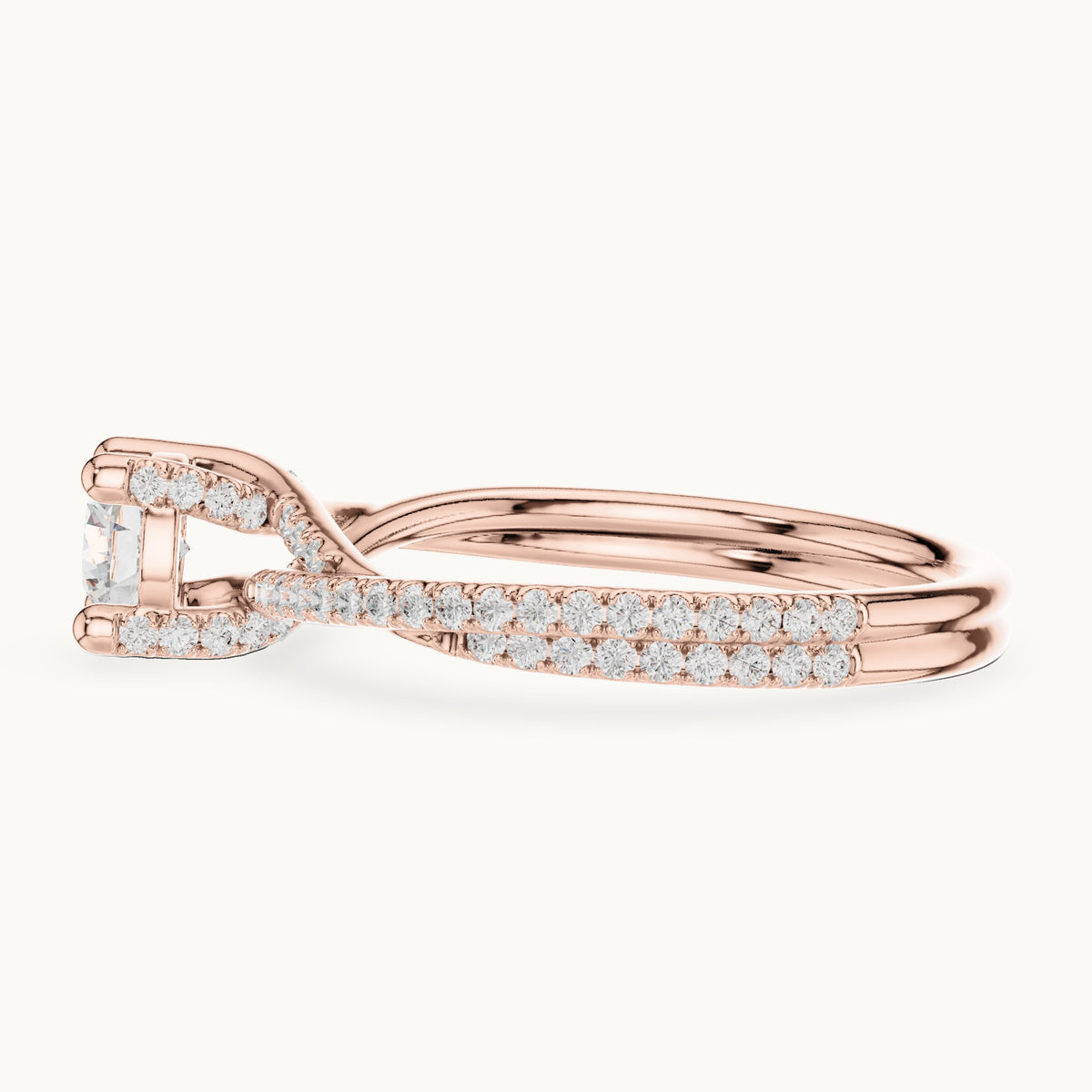 Round lab-grown diamond twisted pavé solitaire engagement ring in rose gold, 0.888 CT TW, view 3