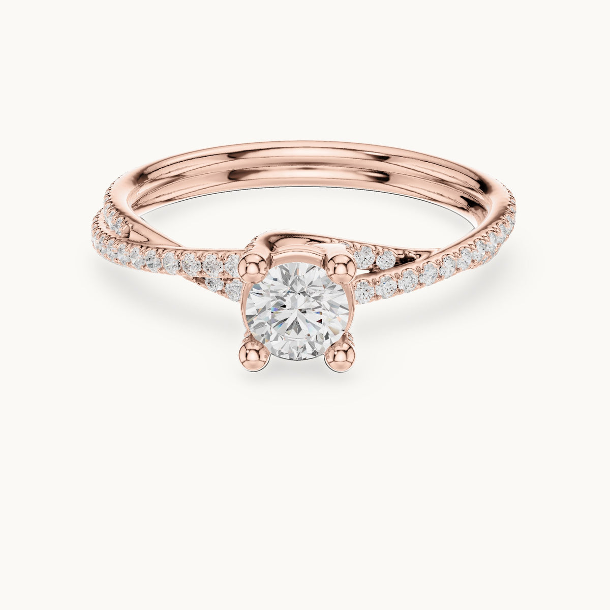 Round lab-grown diamond twisted pavé solitaire engagement ring in rose gold, 0.888 CT TW, view 4