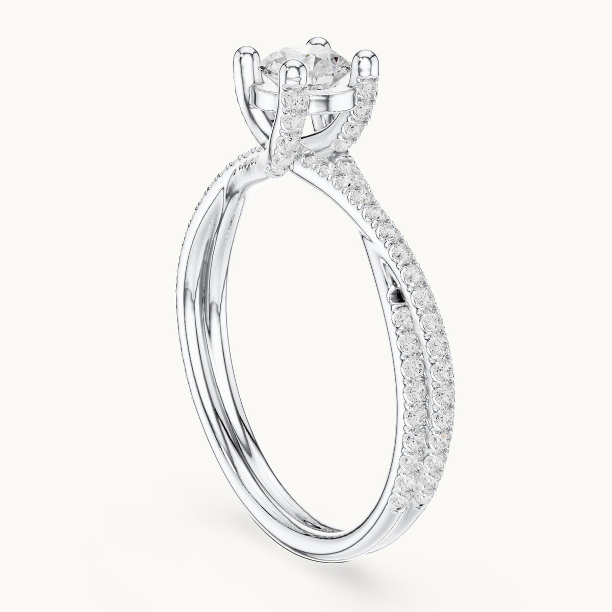 Round lab-grown diamond twisted pavé solitaire engagement ring in white gold, 0.888 CT TW, view 1