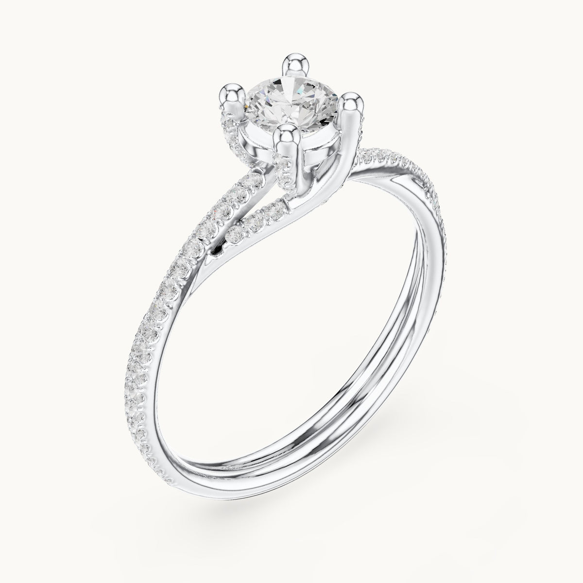Round lab-grown diamond twisted pavé solitaire engagement ring in white gold, 0.888 CT TW, view 2