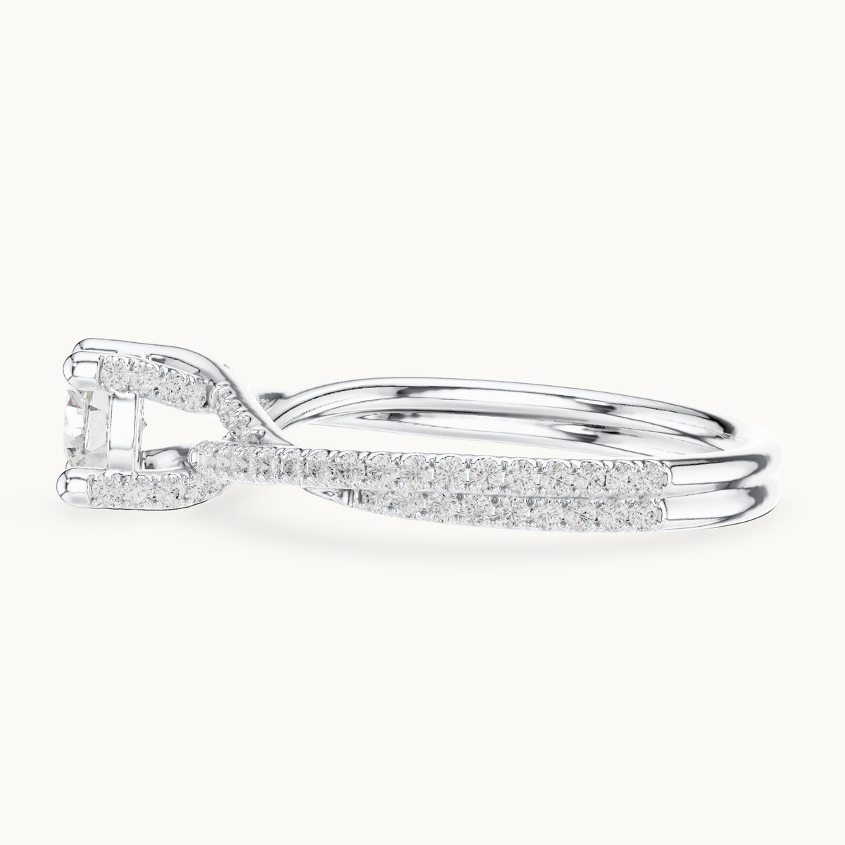 Round lab-grown diamond twisted pavé solitaire engagement ring in white gold, 0.888 CT TW, view 3