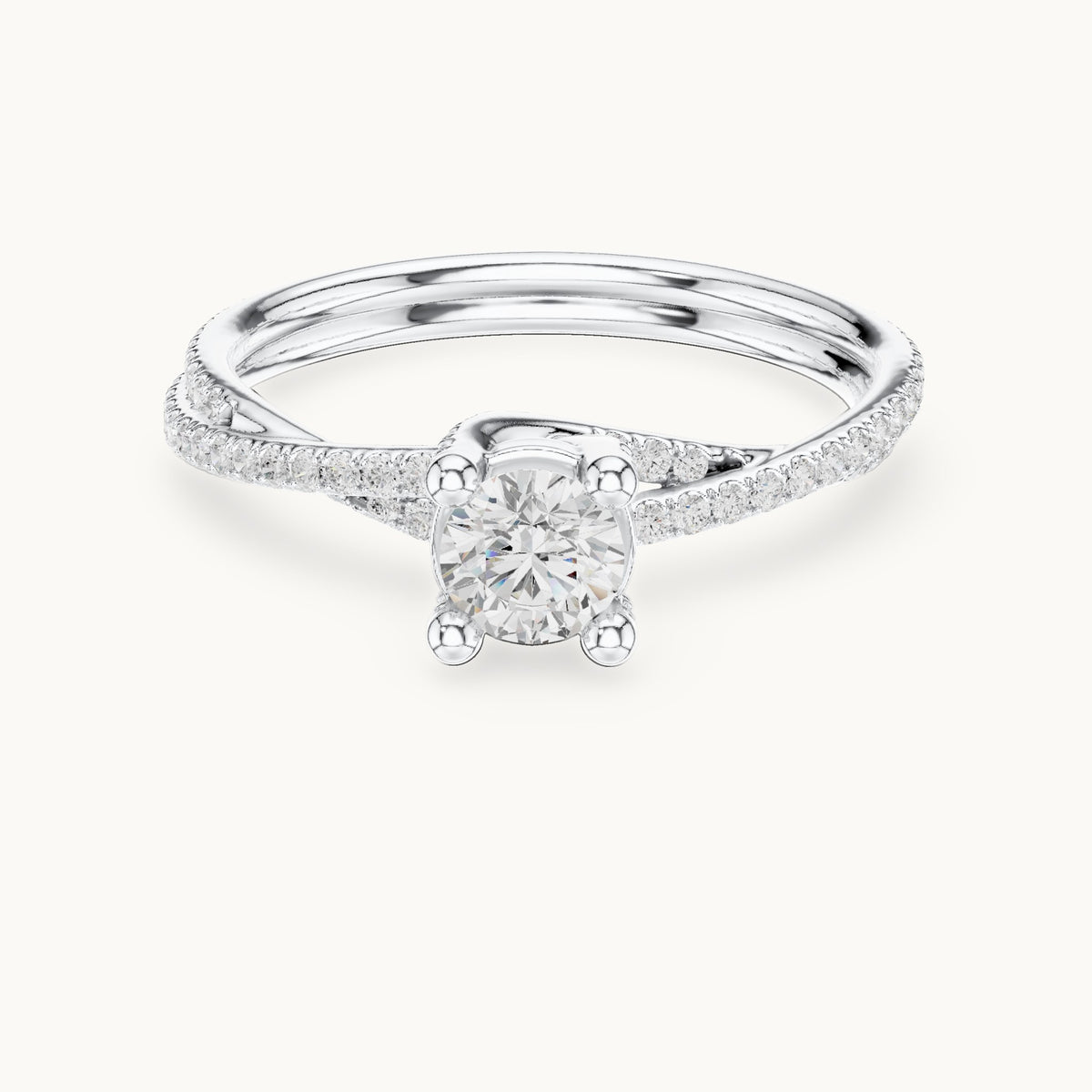 Round lab-grown diamond twisted pavé solitaire engagement ring in white gold, 0.888 CT TW, view 4