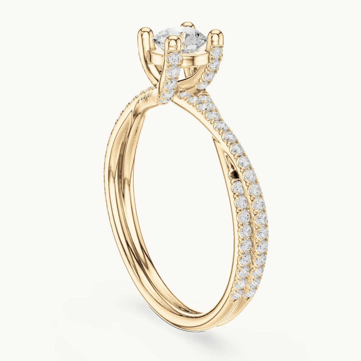 Round lab-grown diamond twisted pavé solitaire engagement ring in yellow gold, 0.888 CT TW, view 1