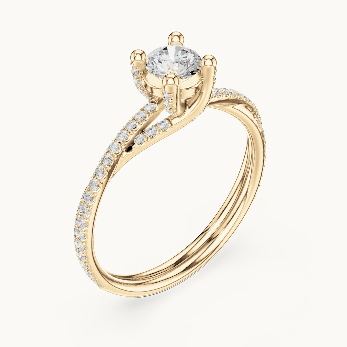 Round lab-grown diamond twisted pavé solitaire engagement ring in yellow gold, 0.888 CT TW, view 2
