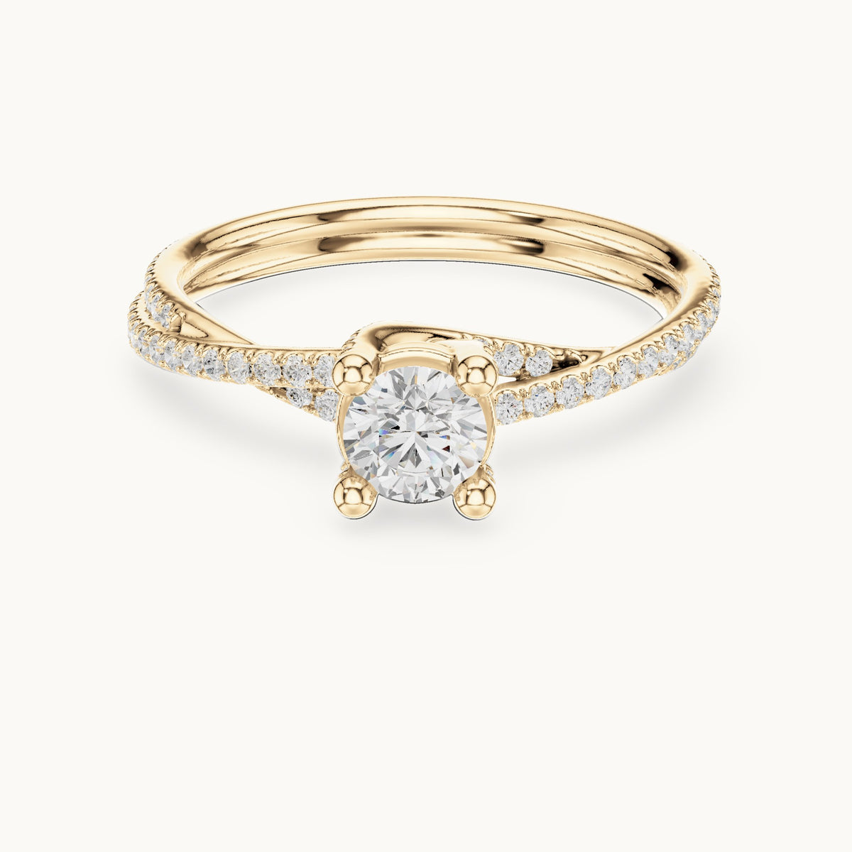 Round lab-grown diamond twisted pavé solitaire engagement ring in yellow gold, 0.888 CT TW, view 4