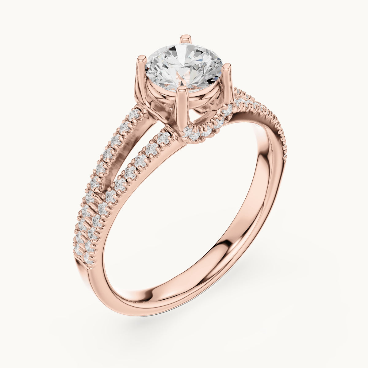 Round lab-grown diamond split shank hidden halo engagement ring in rose gold, 1.12 CT TW, view 2