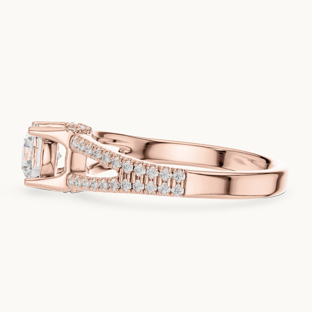 Round lab-grown diamond split shank hidden halo engagement ring in rose gold, 1.12 CT TW, view 3