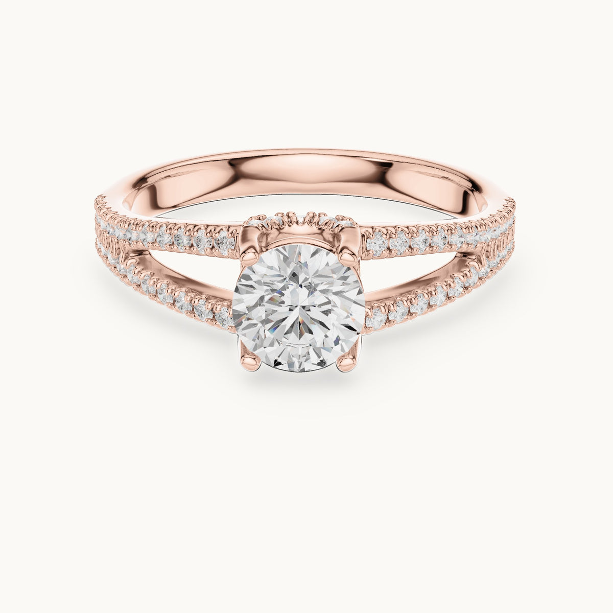 Round lab-grown diamond split shank hidden halo engagement ring in rose gold, 1.12 CT TW, view 4