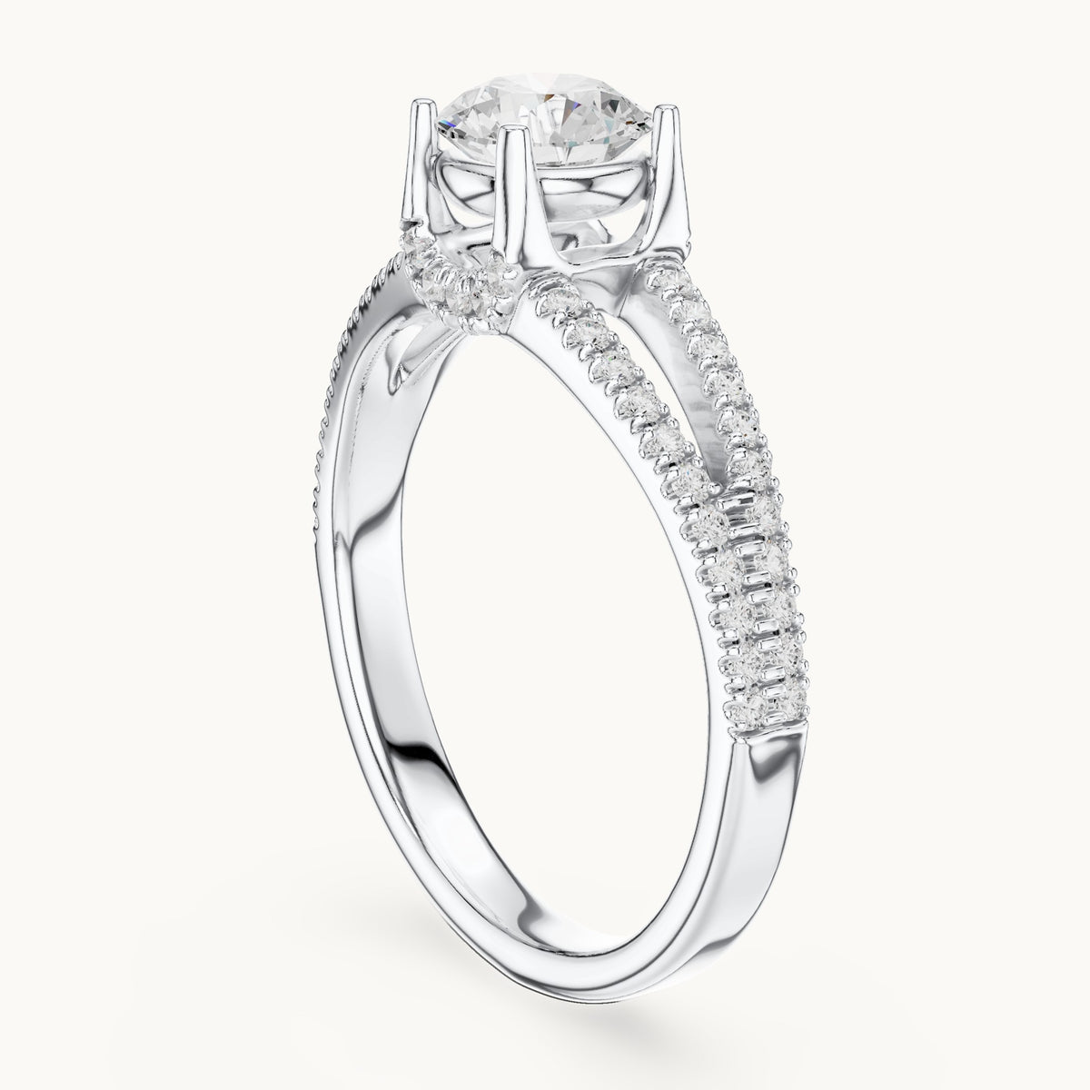Round lab-grown diamond split shank hidden halo engagement ring in white gold, 1.12 CT TW, view 1
