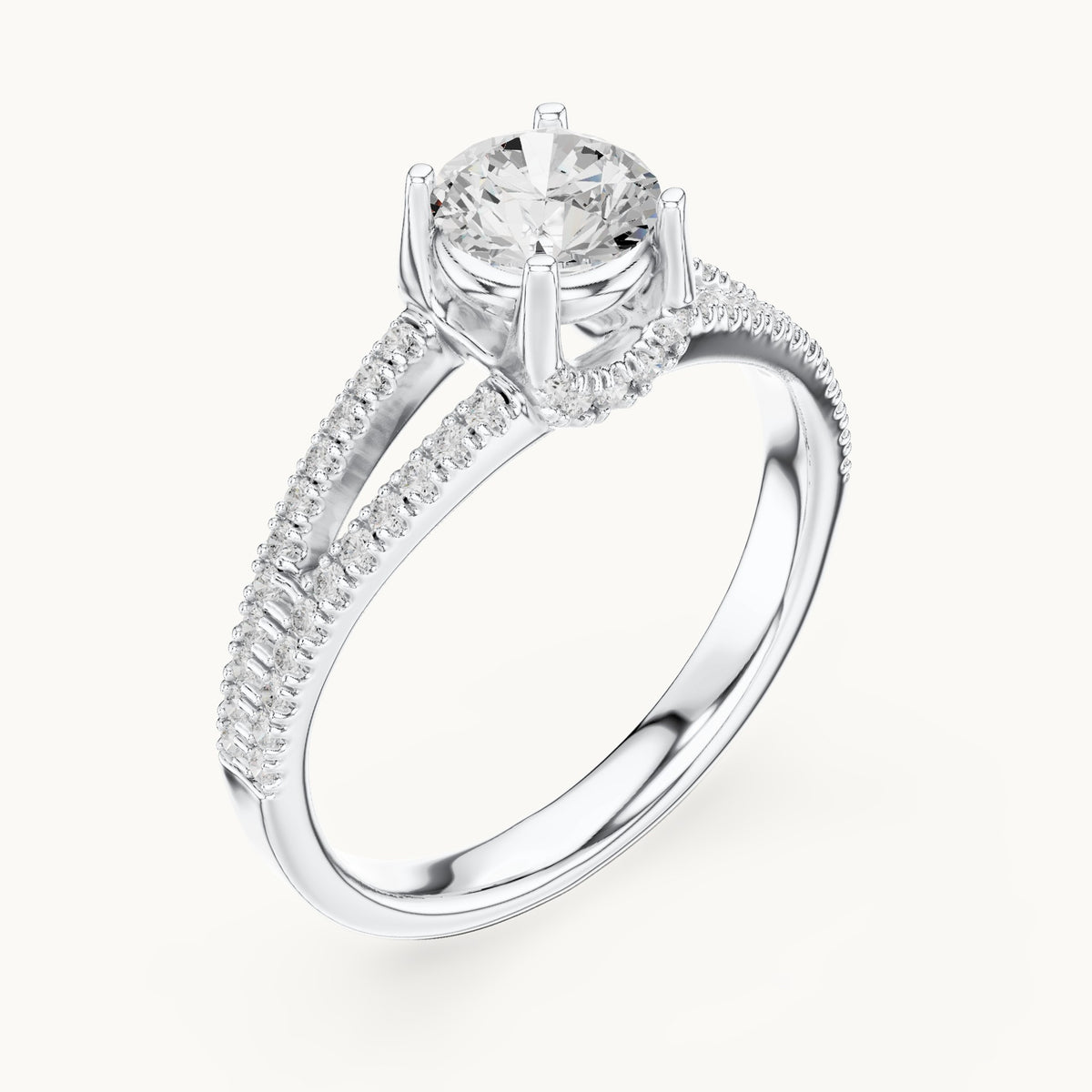 Round lab-grown diamond split shank hidden halo engagement ring in white gold, 1.12 CT TW, view 2