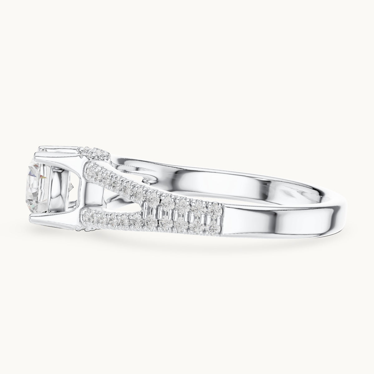 Round lab-grown diamond split shank hidden halo engagement ring in white gold, 1.12 CT TW, view 3