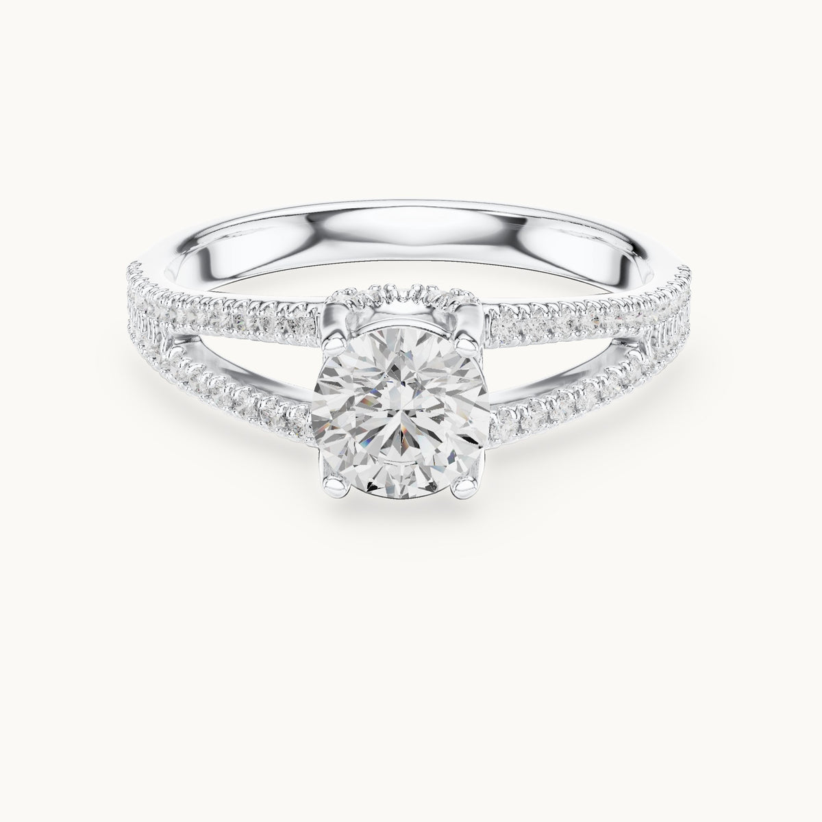 Round lab-grown diamond split shank hidden halo engagement ring in white gold, 1.12 CT TW, view 4