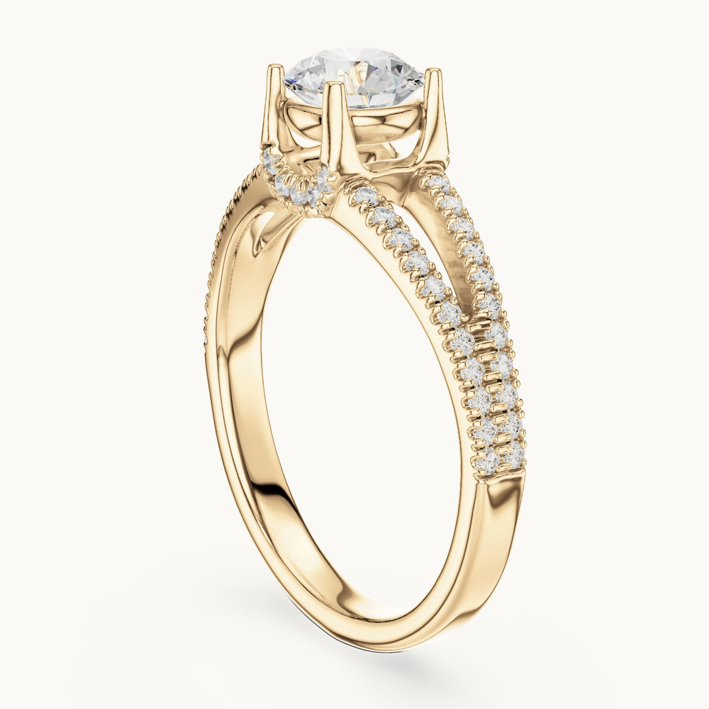 Round lab-grown diamond split shank hidden halo engagement ring in yellow gold, 1.12 CT TW, view 1