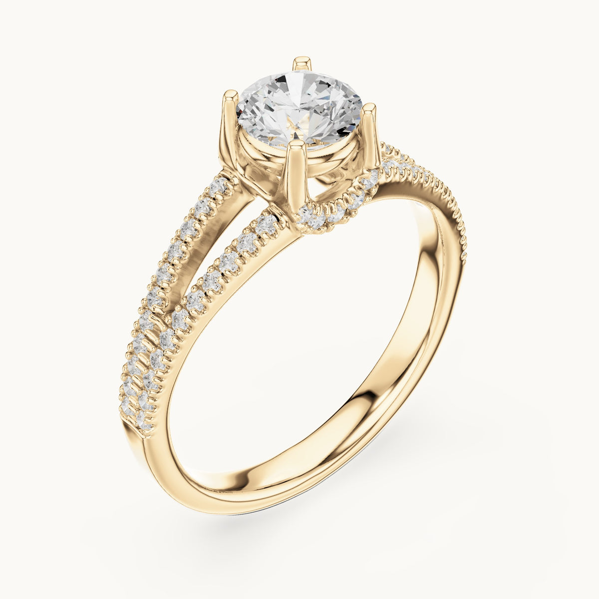 Round lab-grown diamond split shank hidden halo engagement ring in yellow gold, 1.12 CT TW, view 2